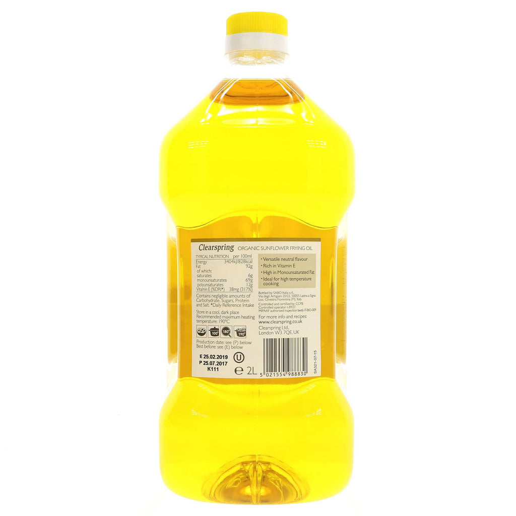 Clearspring Organic Sunflower Frying Oil - 2L, vegan & perfect for cooking and salad dressings. VAT-free.