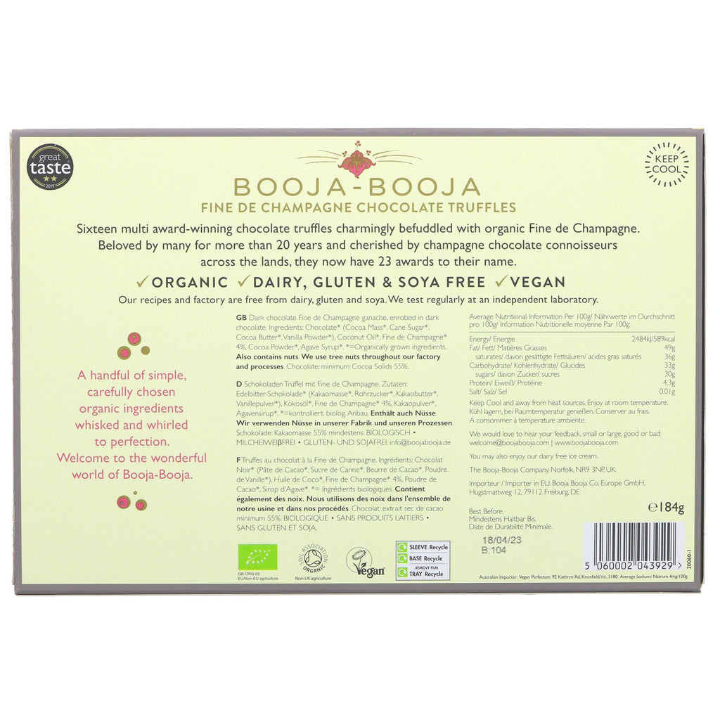 Booja-booja's organic Fine de Champagne Truffles: decadent vegan chocolate for any occasion. 23 award-winning flavors. No added sugar.