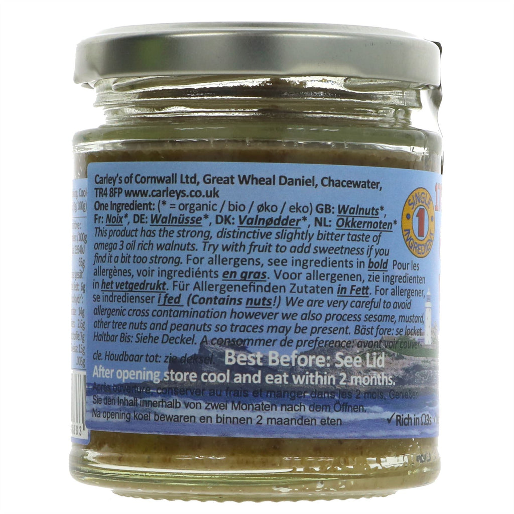 Organic Vegan Raw Walnut Butter made from European walnuts. Perfect for toast or smoothies. No added salt or sugar.