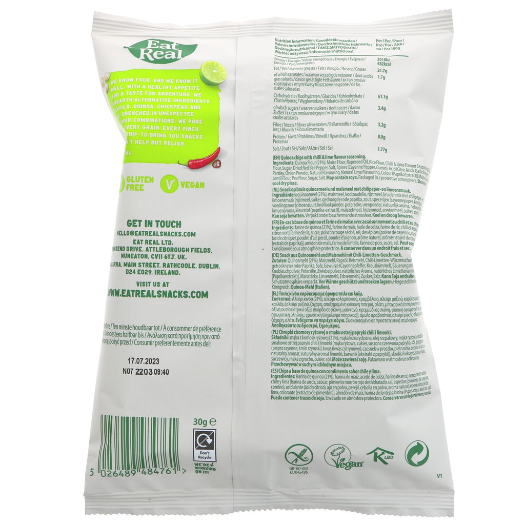 Gluten-free, vegan Quinoa Chilli & Lime Chips by Eat Real - perfect for snacking anytime! No added sugar.
