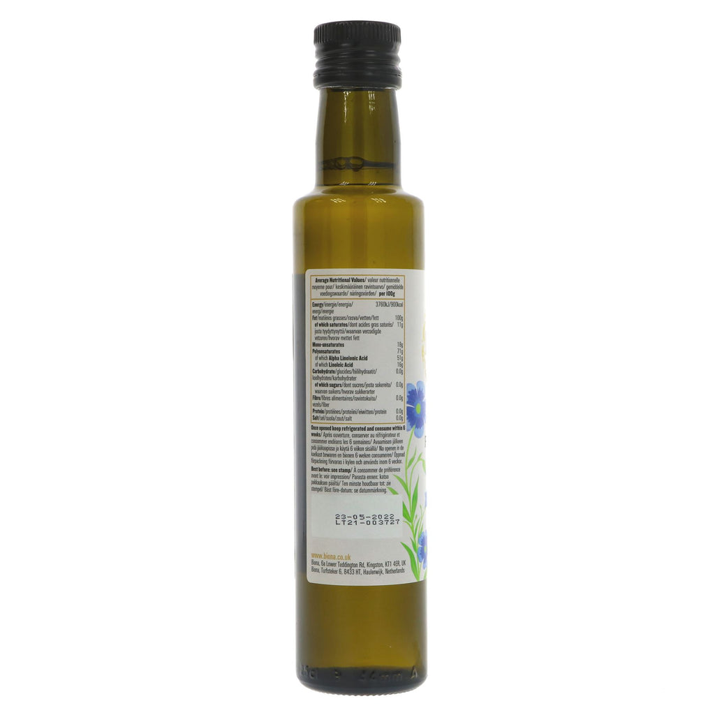 Biona's Organic Flax Seed Oil - high in Linolenic Fatty Acid and perfect for healthy cooking. Biodynamic, vegan and
