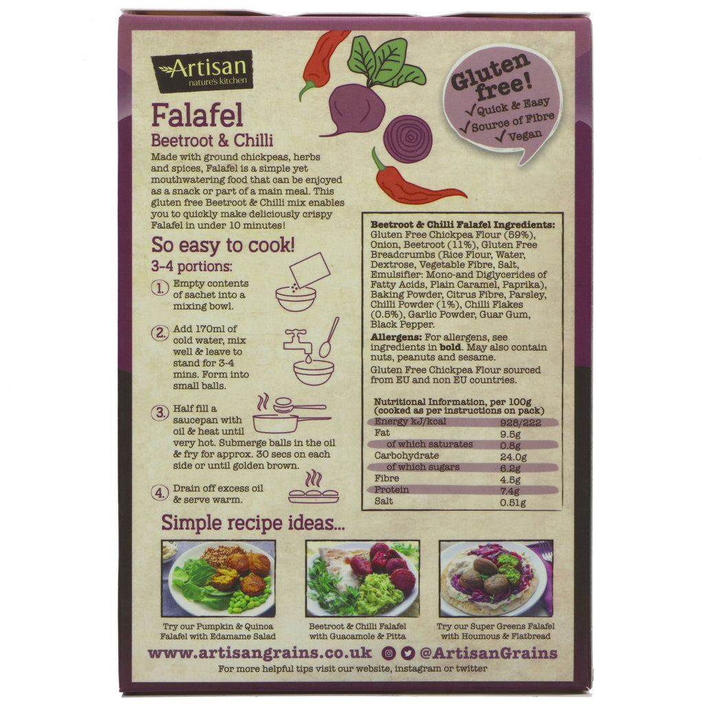 Gluten-free & vegan Artisan Grains' Falafel mix with chickpeas, beetroot, and chilli flakes. Quick and delicious!