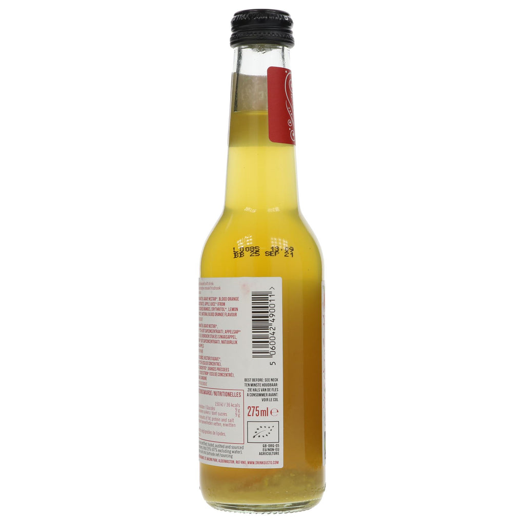 Gusto Sicilian Blood Orange Sparkling Juice: Fairtrade, organic, vegan. Tangy & refreshing, perfect solo or as a mixer.