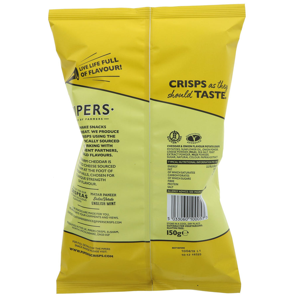 Gluten-free Pipers Crisps with Lye Cross Cheddar and Onion - perfect for snacking anytime! No added sugar.