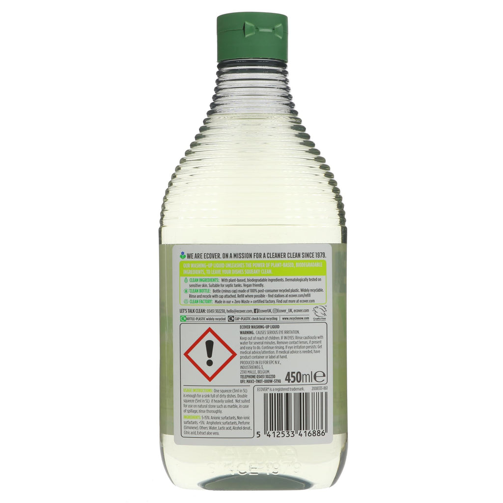 Ecover Washing Up Liquid | Eco-Friendly & Vegan | Lemon & Aloe Vera Scent | 450ML | 100% Recycled Plastic | Smart Green Science