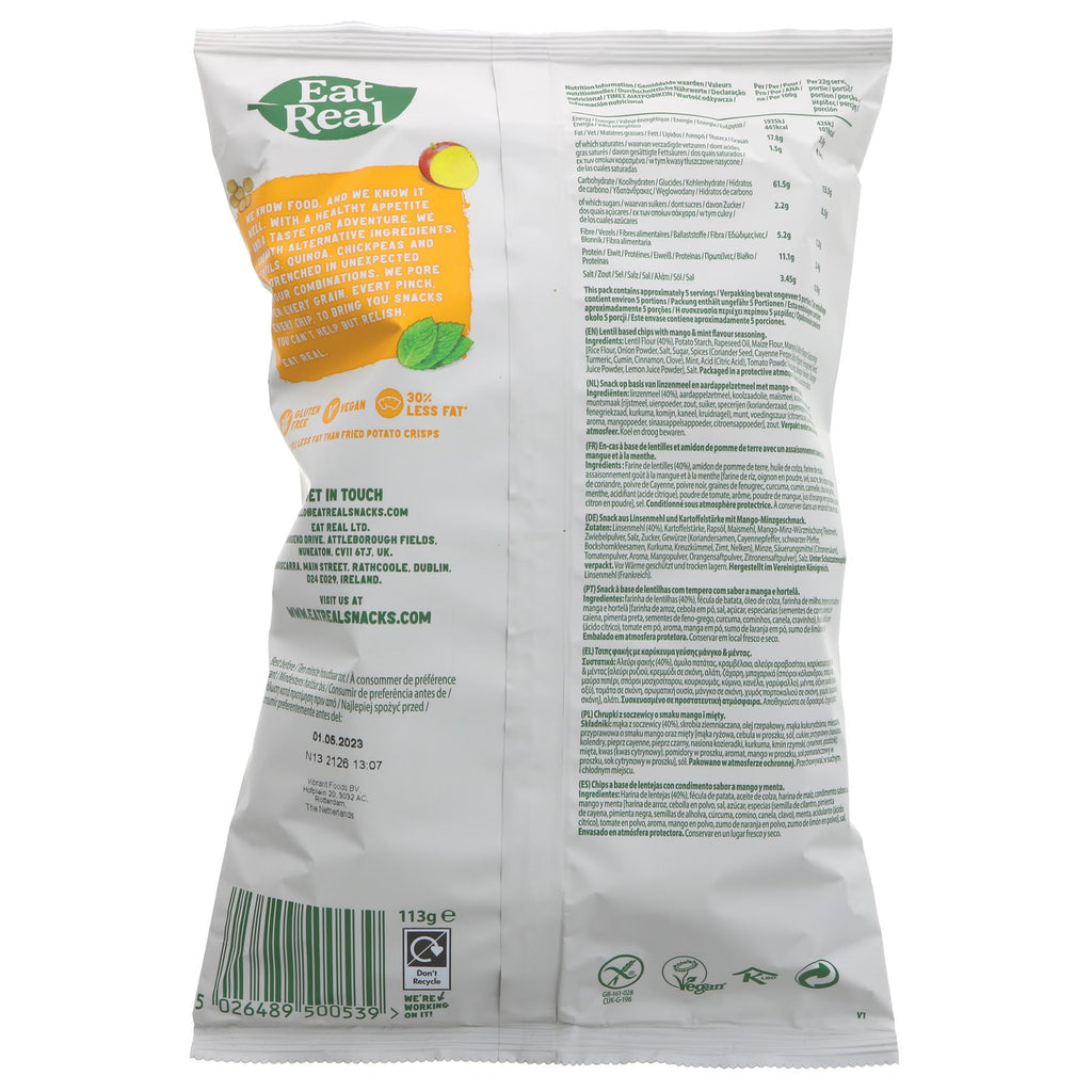 Gluten-free, vegan Mango and Mint Lentil Chips perfect for snacking on-the-go. No added sugar.