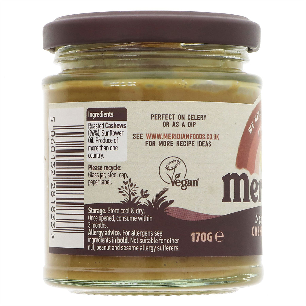 Indulge in crunchy cashew butter by Meridian - perfect for toast or smoothies. No added salt, vegan-friendly, and