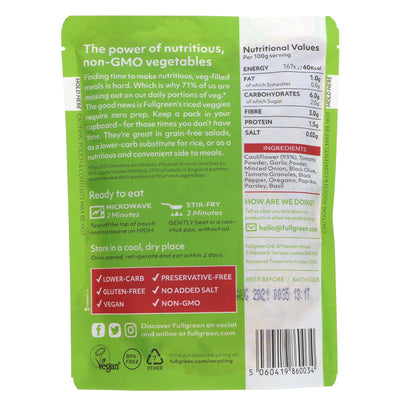 Fullgreen's Riced Cauliflower Tomato Garlic - Low-carb alternative to rice that's vegan and free from artificial additives/preservatives. Perfect for grain-free risotto or paella. Pair with your favorite protein for a delicious meal.