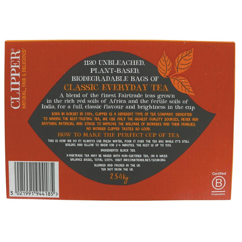 Clipper Fairtrade Everyday One Cup Bag - 1120 bags. Rich & bold tea from fairtrade certified estates in India, Africa & Sri Lanka. Vegan & no VAT.