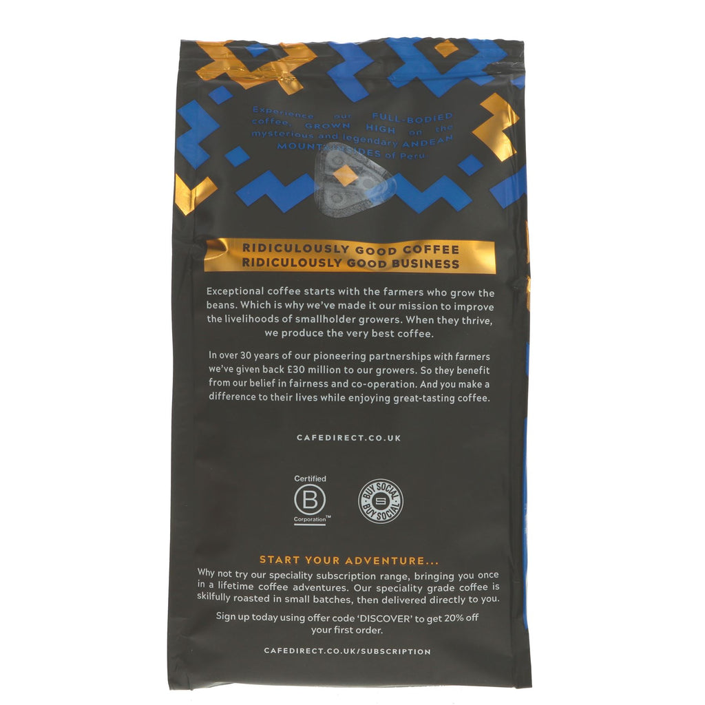 Cafe Direct's Machu Picchu Decaf Beans - rich, full-bodied flavor with dark chocolate overtones. Fairtrade & vegan. No VAT charged.