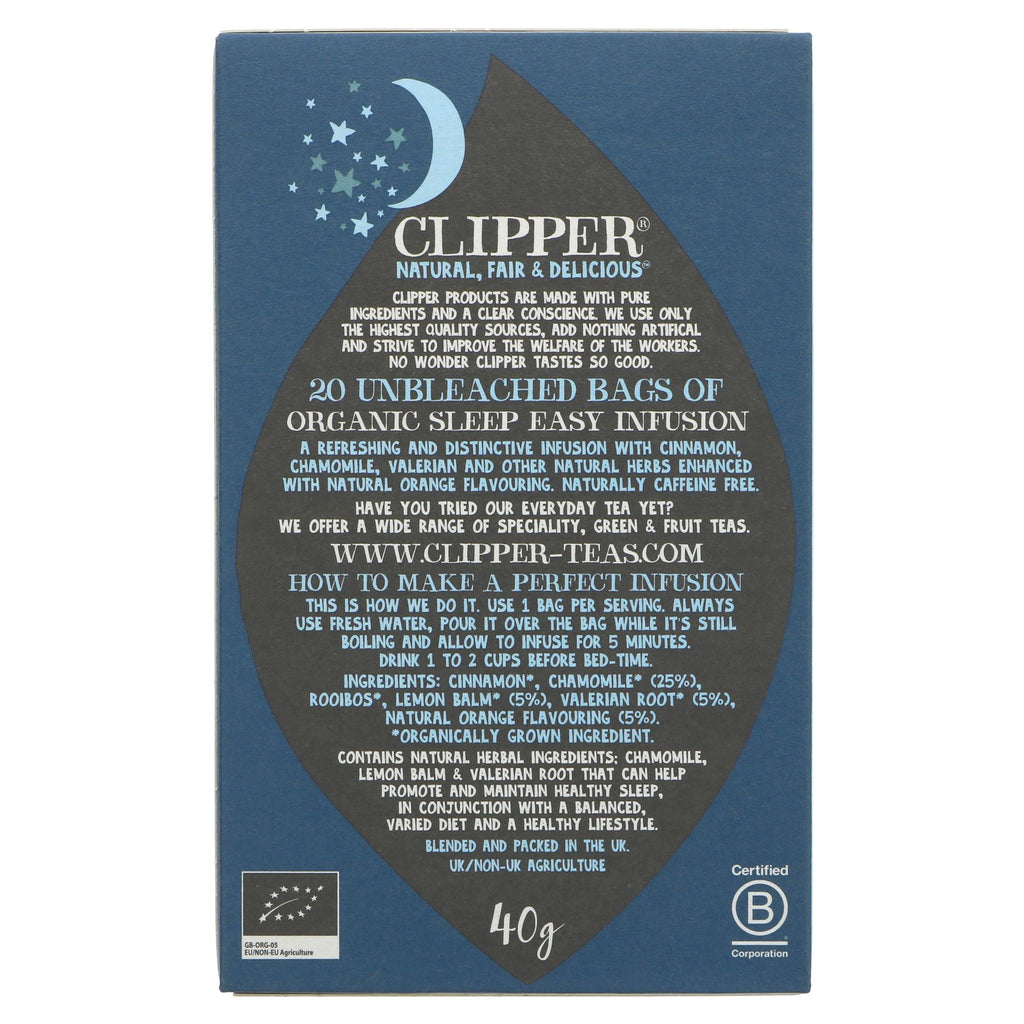 Clipper Organic Sleep Easy tea | Soothing blend of natural herbs like chamomile & valerian with a hint of orange & cinnamon | Vegan & caffeine-free | 20 bags