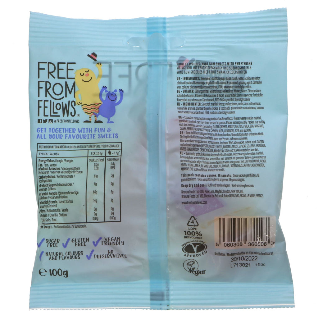 Free From Fellows Wine Gums – classic sweets without the guilt. Vegan, sugar, gelatine and gluten free. Perfect paired or enjoyed on their own.