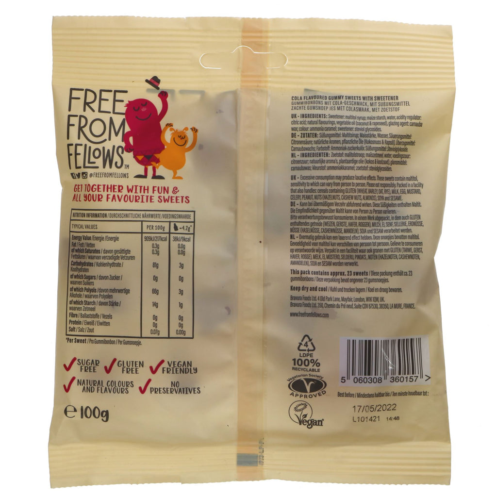 Free From Fellows Cola Bottles - guilt-free snacking, sugar, gelatine, and gluten-free. Vegan-friendly. Add to your recipes for a burst of cola flavor.